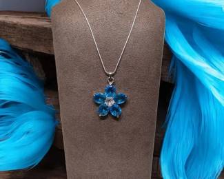 Azure Bloom Blue Crystal Flower Pendant Necklace 