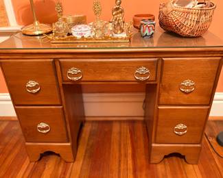 Crawford Furniture Maple desk with brass hardware and glass top