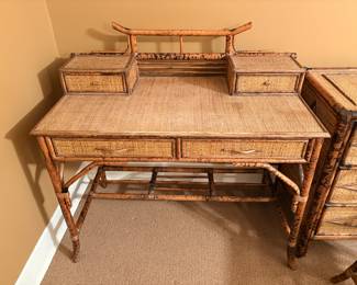 Vintage Pagoda British Colonial Style bamboo and rattan desk and chair