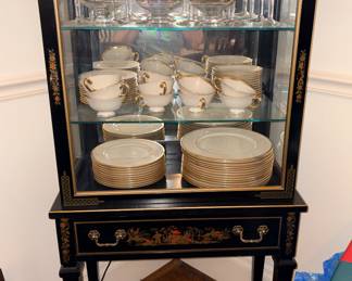 Vintage Chinoiserie hand-painted display cabinet, with glass front and single drawer