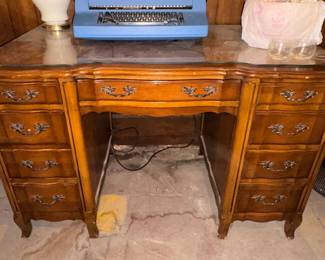 Antique vanity or desk, 9 drawers, glass top, scalloped edge