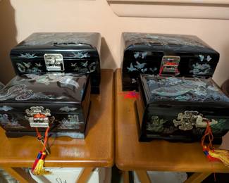 Gorgeous black enamel jewelry boxes, Asian art