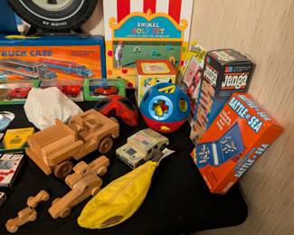 Vintage wooden kid's toys, Vintage Battle at Sea Battleship, Jenga, Wooly Willy and more