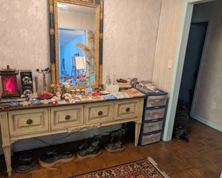 Beautiful white credenza piece, large, black ornate mirror