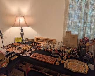 lots of wooden trivets and more porcelain figurines - Precious Moments 