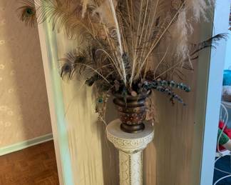 vintage white pillar decor, real peacock feathers 