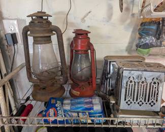 PACKED GARAGE vintage toasters antique lanterns 