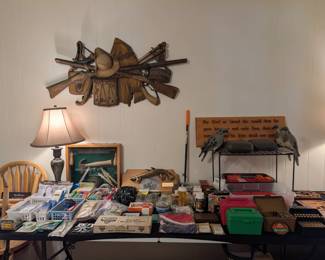 Vintage Burwood wall art plaque Western - hunting supplies - George Washington Pistol Replica, Ammo and more 