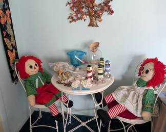 Pair of vintage Raggedy Ann and Andy dolls - white bistro table and 2 chairs