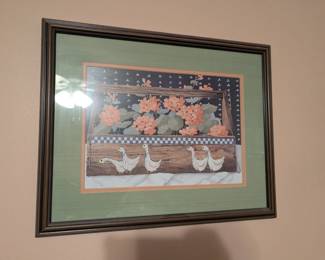 1980's folk art ducks, blue geese, flowers basket 