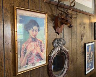 More asian artwork, mini deer head, ornate elephant mirror