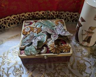 red enamel butterfly trinket box with mirror
