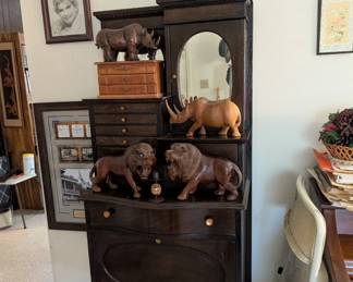Unique, vintage secretary desk and wooden animals
