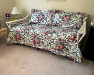 C63 - $175. Wicker Twin Sized Day Bed. Measures 89" x 40" x 43" tall. Mattress is clean and comfortable. Very good vintage condition - a few broken / split pieces on the back but they're easy to cover with pillows! Custom sewn pillowcases / blanket included if you'd like them!