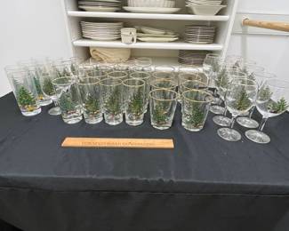 C137 - $150. Large Lot of Christmas Dishes. Glasses show the most wear on the gold trim. 