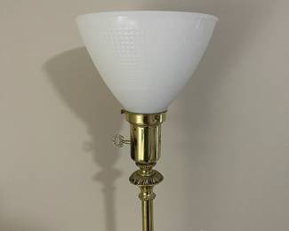 C150 - $40. Brass Floor Lamp with wood & brass vase. Milk Glass Shade is in great condition! Measures 55" tall. Base is 8" square. 