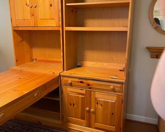 C39 - $250. Broyhill - Pine Office Furniture. Moves in 6 pieces. It is on the 2nd story so please have help to move! Can be configured a lot of ways! Individual piece on the right is 32" wide x 21" deep x 79" tall. Desk piece is 60" long + the attached piece making it 80" as set up. 32" deep x 30" tall. Very Sturdy!