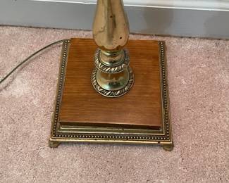 C150 - $40. Brass Floor Lamp with wood & brass vase. Milk Glass Shade is in great condition! Measures 55" tall. Base is 8" square. 