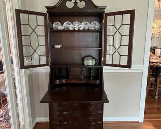 C79 - $225. Mahogany Drop Front Secretary with Glass Bookcase / Display Cabinet above. Measures 28" wide x 14.5" deep x 77" tall. 