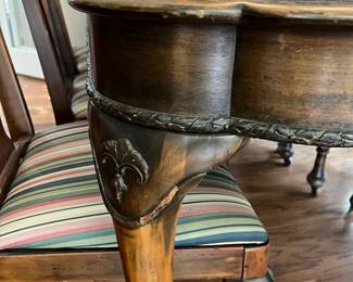 C13 - $350. Antique Mahogany Dining Table. Measures 59" long with NO leaf. 48" wide x 30" tall. (Has 3 Leaves - each adds 12" )  1 arm chair + 6 regular chairs. Was refinished in 2011. Solid table but it is an antique and has some issues from general use. Some wiggles and some veneer issues. 