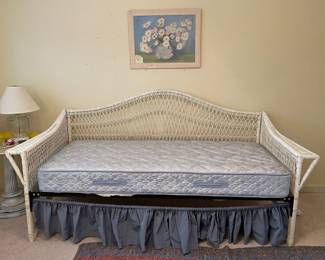 C63 - $175. Wicker Twin Sized Day Bed. Measures 89" x 40" x 43" tall. Mattress is clean and comfortable. Very good vintage condition - a few broken / split pieces on the back but they're easy to cover with pillows! Custom sewn pillowcases / blanket included if you'd like them!