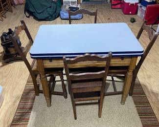 C86 - $175. Table Collapsed Measures 40" x 25" x 30" tall. Open it measures 40" x 45" x 30". Includes 6 Chairs. Enamel Coated Table Top with wood base. 6 chairs. Some rust spots & scratches but overall very good condition. Base has a sticker from Cochrane Furniture Co. Lincolnton, NC. Includes 6 Wooden Chairs. 