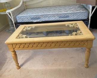 C61 - $65. Wooden Coffee Table with glass top. Measures 50" x 29" x 22.25" tall. Very sturdy & Solid. 