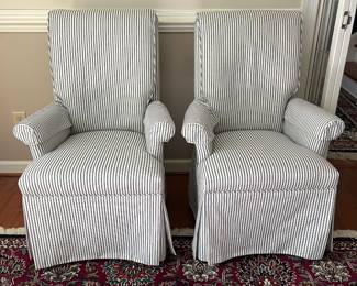 C20 - $150 PAIR of striped Upholstered Chairs. Measures 22" seat width x 27" outside arm width. 27" deep x 40" tall. 