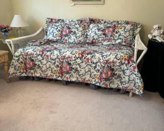 C63 - $175. Wicker Twin Sized Day Bed. Measures 89" x 40" x 43" tall. Mattress is clean and comfortable. Very good vintage condition - a few broken / split pieces on the back but they're easy to cover with pillows! Custom sewn pillowcases / blanket included if you'd like them!
