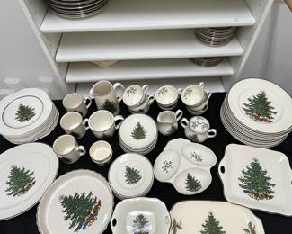 C137 - $150. Large Lot of Christmas Dishes. Glasses show the most wear on the gold trim. 