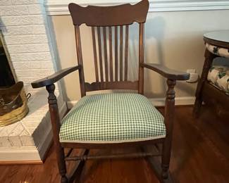 C51 - $95. Antique Solid Wood Rocker. Measures 25" wide x 31" deep x 18" floor to seat. 38" floor to top of back. 