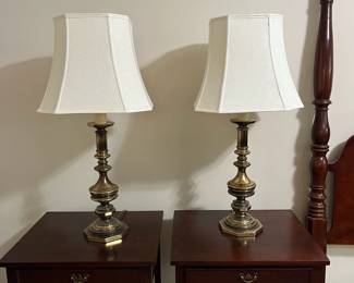 C2 - $80. PAIR of *Heavy* Brass Table Lamps. 35" tall. In very good vintage condition. Shades are both in good condition as well!