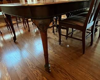 C13 - $350. Antique Mahogany Dining Table. Measures 59" long with NO leaf. 48" wide x 30" tall. (Has 3 Leaves - each adds 12" )  1 arm chair + 6 regular chairs. Was refinished in 2011. Solid table but it is an antique and has some issues from general use. Some wiggles and some veneer issues. 