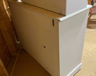 C84 - $40. Vintage White Hutch. Moves in 2 pieces for easier transport. Castors attached. Top is 36" wide x 9.5" deep x 38" tall. Base is 37" wide x 15" deep x 33" tall. 