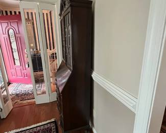 C79 - $225. Mahogany Drop Front Secretary with Glass Bookcase / Display Cabinet above. Measures 28" wide x 14.5" deep x 77" tall. 