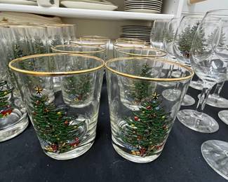 C137 - $150. Large Lot of Christmas Dishes. Glasses show the most wear on the gold trim. 