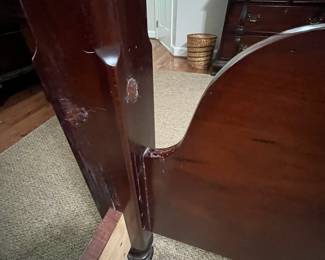 C4 - $250. King Sized 4 Poster Bed. No name. Some wear along the footboard. Measures 81.5" wide x 89" long x 80" tall. 