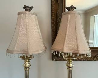 C9 - $35. Pair of Brass Lamps. Shades are both in good condition! Measures 29.25" tall. 