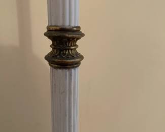 C56 - $75. Heavy Duty Brass Floor Lamp. Measures 62" tall. Bulbs can be turned on individually. Shade is in good condition! (White looks like the brass was painted). 