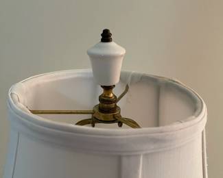 C153 - $30. Blue & White Lamp on Wooden Base. Measures 24" tall. Shade is in good condition!