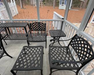 C25 - $175. 2 Tiered Console / Bar Table in Cast Aluminum. (Measures 36" wide x 18" deep x 25" tall) C26 - $550. PAIR of Deep Seated Cushioned Arm Chairs with 1 Ottoman and single side table. (Chairs are 26.75" wide x 24" deep x 31" tall. Floor to seat is 14.5") (Ottoman is 26.5" x 25" x 13.5" tall) (Side Table is 21" square x 21.25" tall) 