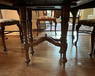 C13 - $350. Antique Mahogany Dining Table. Measures 59" long with NO leaf. 48" wide x 30" tall. (Has 3 Leaves - each adds 12" )  1 arm chair + 6 regular chairs. Was refinished in 2011. Solid table but it is an antique and has some issues from general use. Some wiggles and some veneer issues. 