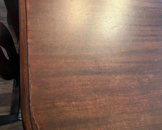 C13 - $350. Antique Mahogany Dining Table. Measures 59" long with NO leaf. 48" wide x 30" tall. (Has 3 Leaves - each adds 12" )  1 arm chair + 6 regular chairs. Was refinished in 2011. Solid table but it is an antique and has some issues from general use. Some wiggles and some veneer issues. 