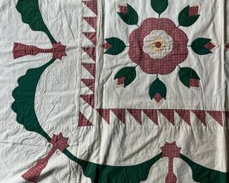 C154 - $65. Hand Pieced & Quilted Blanket & Matching Pillow with initials "EC" . Pillow is 14" square. Blanket is 57" x 86". Does have some light staining & 1 blue paint spot.  