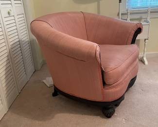 C55 - $75. Vintage Becker & Sons Upholstered Chair & Ottoman. Measures 40" wide x 35" deep x 31.5" tall.  Very good vintage condition.  Ottoman measures 22" wide x 17" deep x 16" tall.  