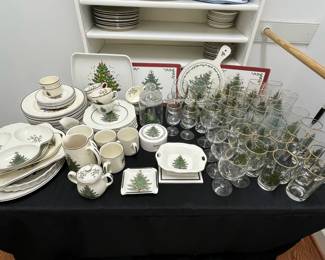 C137 - $150. Large Lot of Christmas Dishes. Glasses show the most wear on the gold trim. 