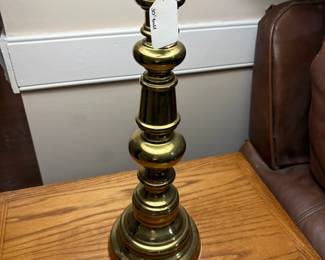 C146 - $40. PAIR of Brass Table Lamps. Measures 30" tall. Shades are in good condition. 