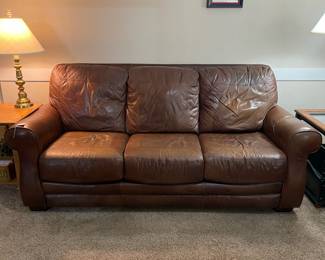 C29 - $200. Well Loved LANE Leather Couch, Ottoman and Recliner. Located on the 2nd story so we need 2 *strong* people that are able to move this. Couch is 83" long x 33" deep x 37" tall. No rips / holes but worn. Recliner is 37" wide x 34" deep x 40" tall. This is the most worn piece. 