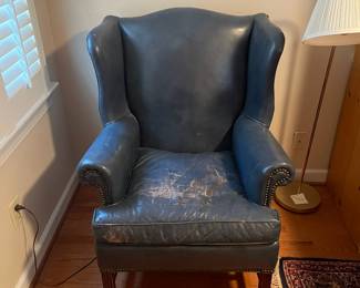 C36 - $30. Very well loved Leather Chair from Old Hickory Tannery. Hickory, NC. Measures 32" wide x 32" deep x 42" tall. 