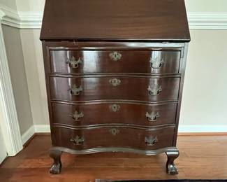 C79 - $225. Mahogany Drop Front Secretary with Glass Bookcase / Display Cabinet above. Measures 28" wide x 14.5" deep x 77" tall. 